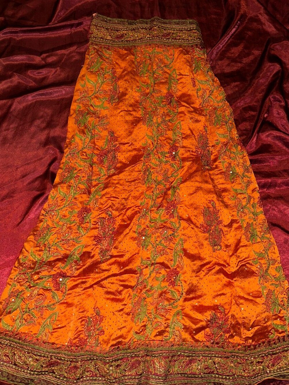 Vintage Orange Embroidered Maxi Skirt with Green & Red Accents